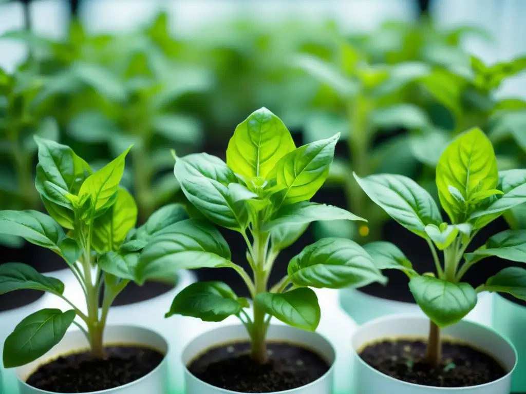 Vibrantes hojas de albahaca creciendo en acuaponía, destacando la importancia de micronutrientes en este innovador sistema