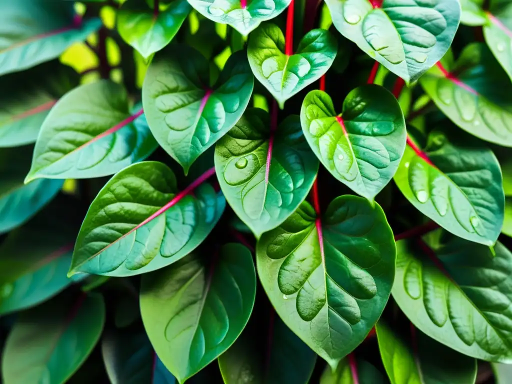 Vibrantes hojas de espinacas urbanas muestran los beneficios de la clorofila en un jardín vertical futurista y minimalista