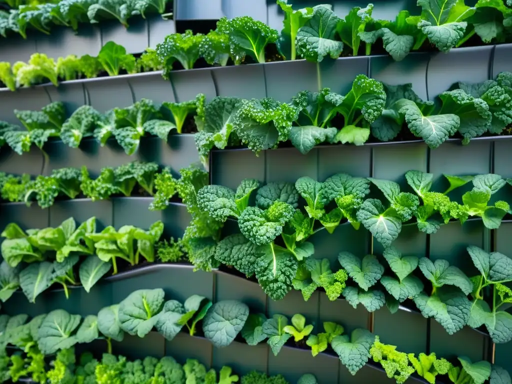 Vibrantes hojas de kale en huerto vertical urbano, mostrando la integración de la naturaleza en la ciudad