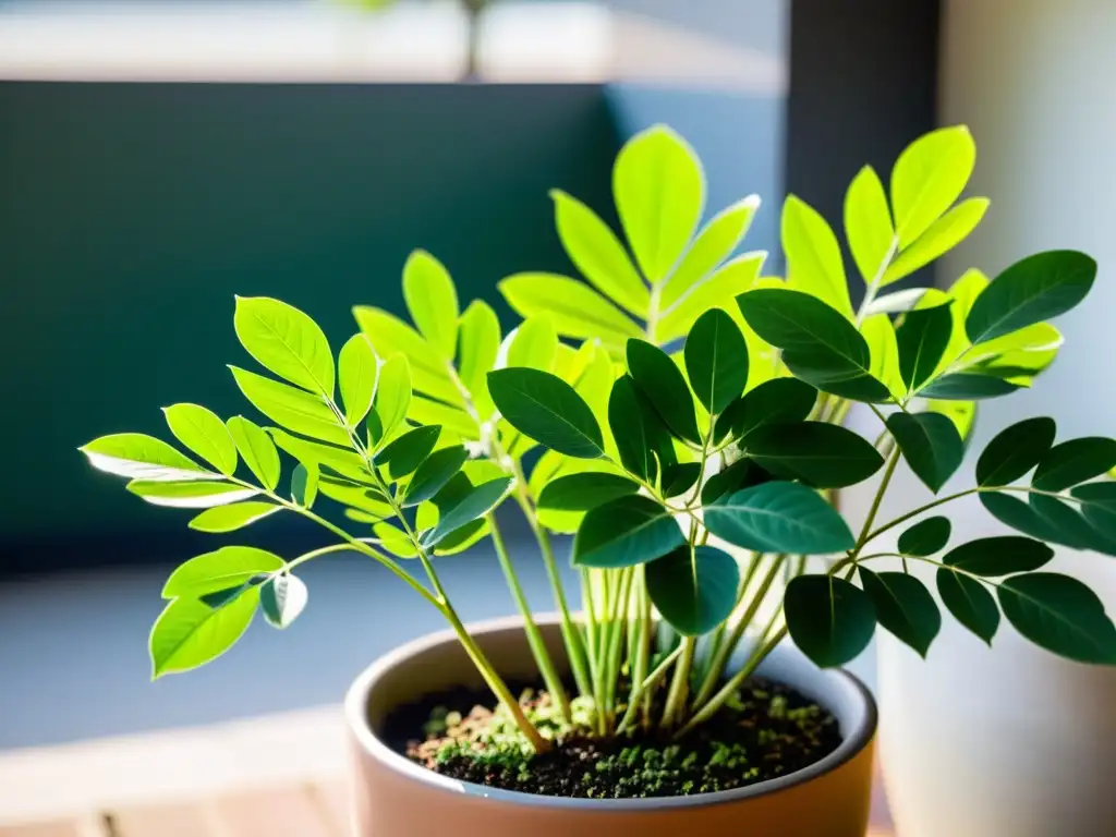 Vibrantes hojas de moringa en maceta para terrazas, con textura detallada y brillo, iluminadas por el sol en una terraza moderna