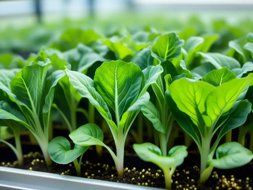 Vibrantes hojas de lechuga en acuaponía, con patrones detallados y peces entre las raíces