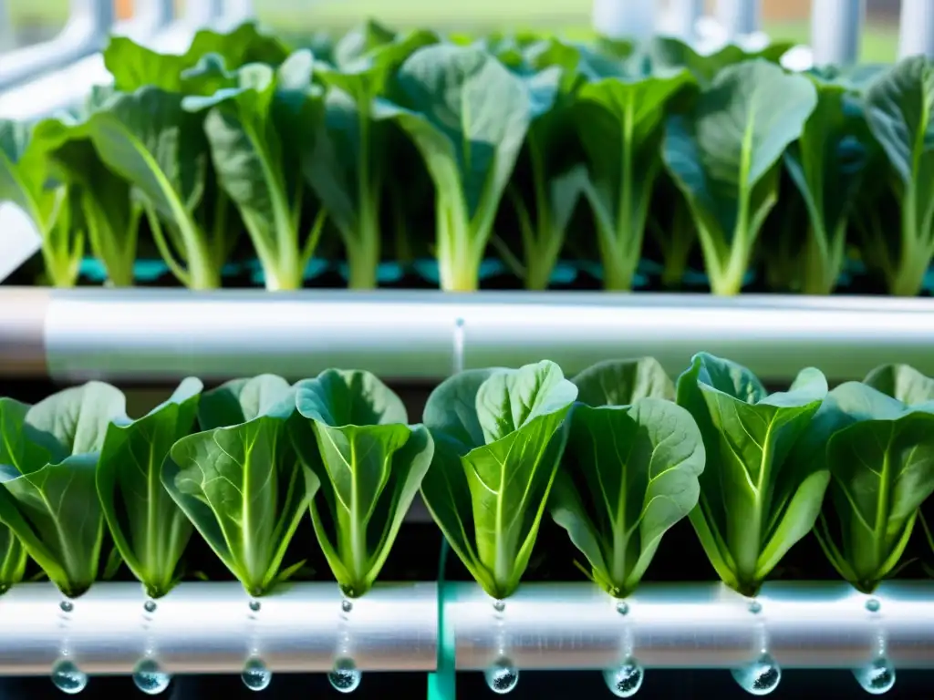 Vibrantes hojas de lechuga en acuaponía urbana, con hierro biodisponible y diseño futurista