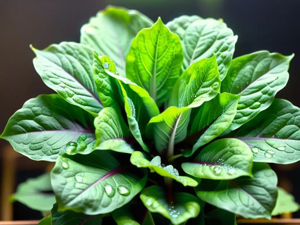 Vibrantes hojas verdes de lechuga bajo luces LED, resaltando la relación luz-nutrientes en acuaponía