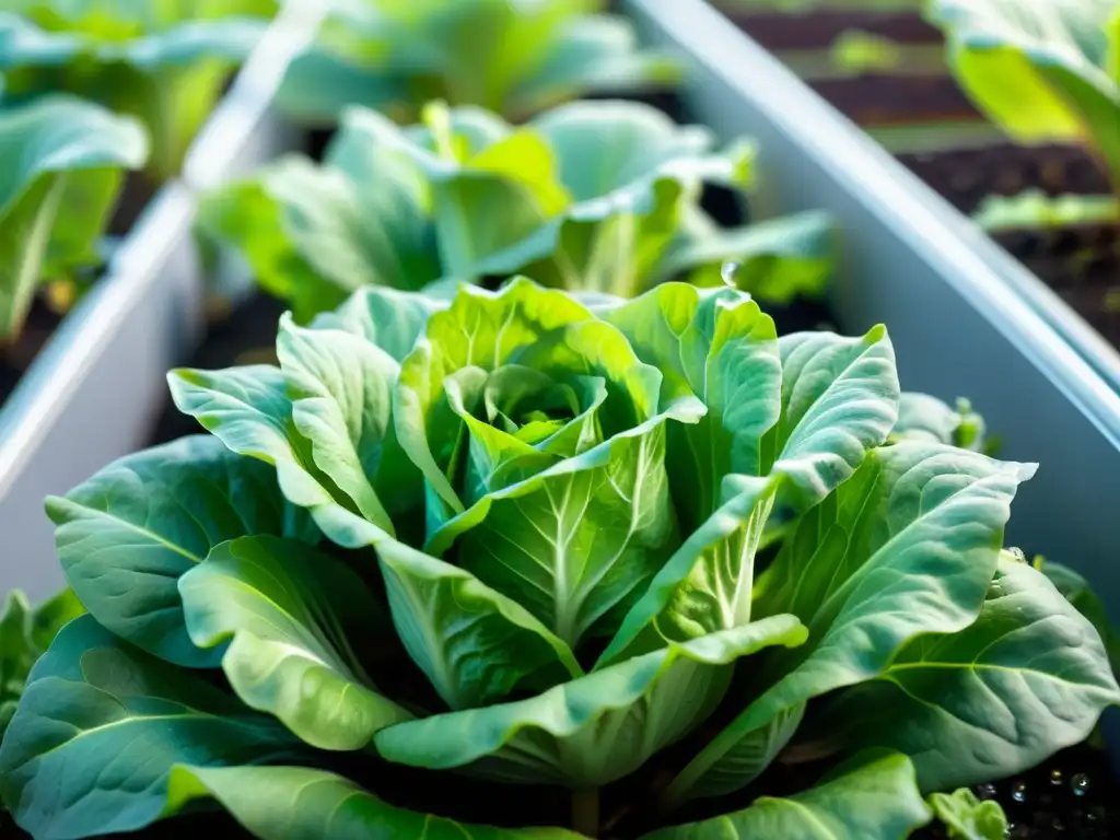 Vibrantes hojas verdes de lechuga creciendo en acuaponía, con raíces en agua rica en potasio