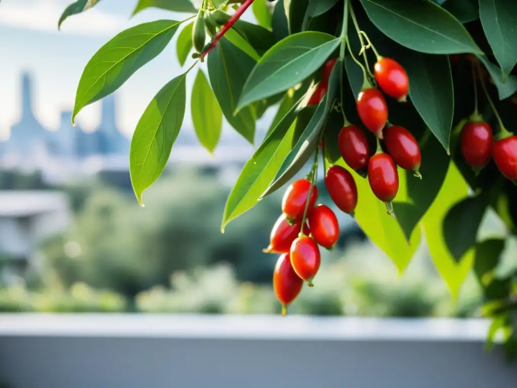 'Vibrantes bayas de Goji madurando en un huerto urbano, fusionando la naturaleza con la vida moderna en la ciudad