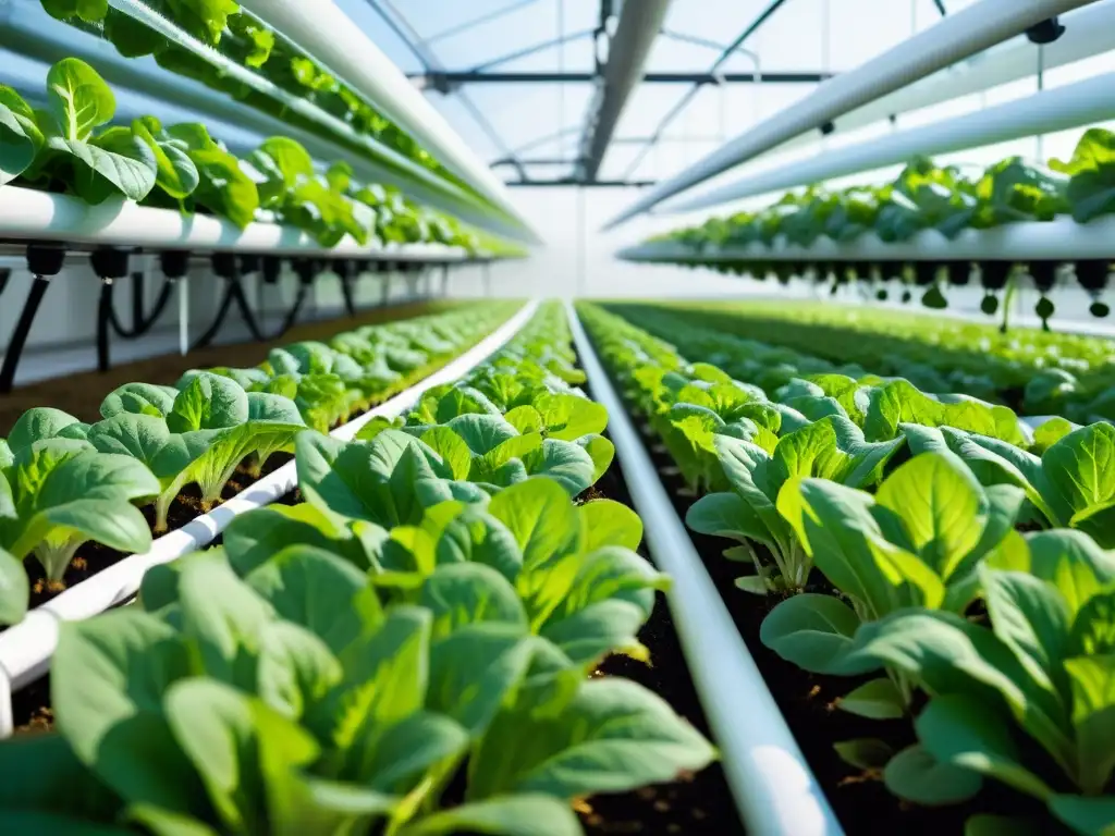 Vibrantes lechugas en sistema hidropónico vertical ilustran los beneficios del riego por pulso en la agricultura sostenible