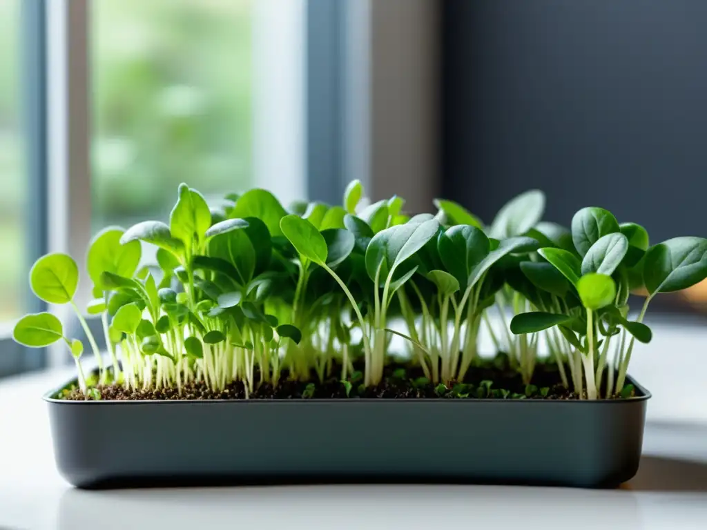 Microgreens vibrantes creciendo en un jardín urbano, con beneficios nutricionales y belleza natural en un entorno moderno y luminoso