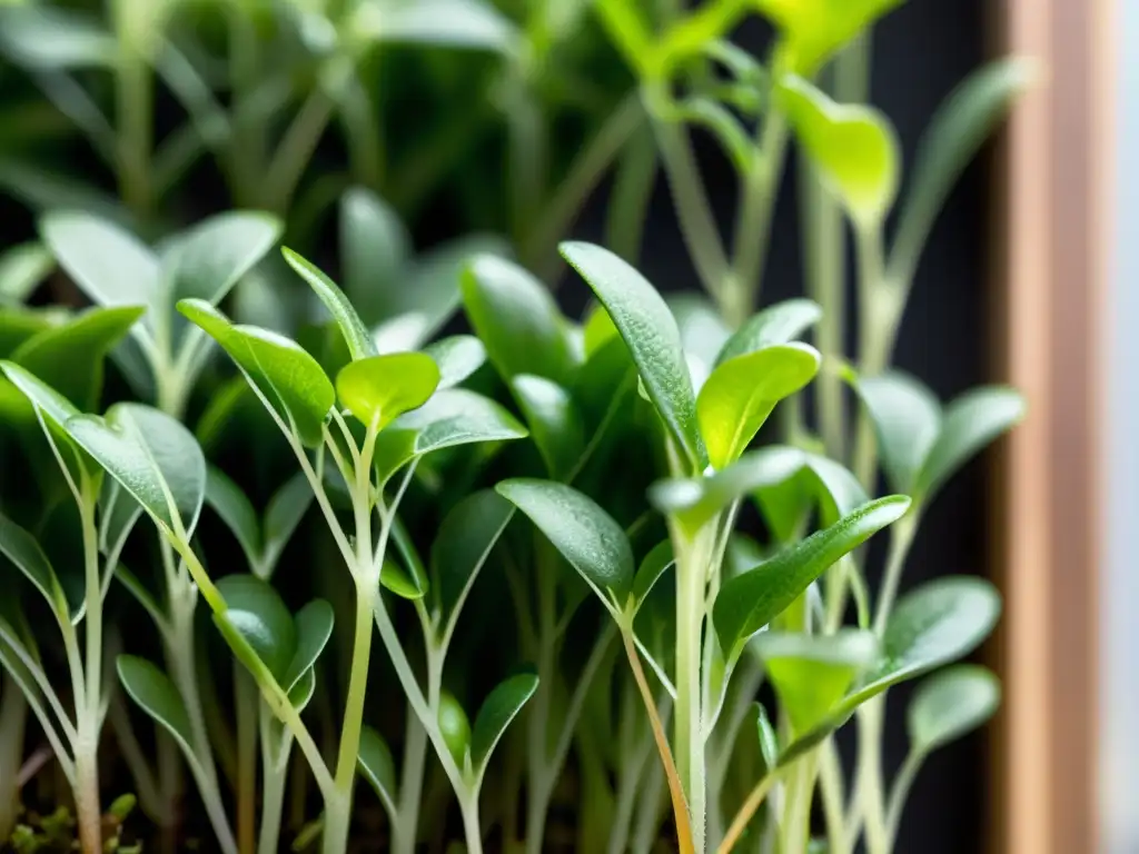 Vibrantes microgreens verdes en huerto vertical, con raíces visibles y un entorno urbano sofisticado