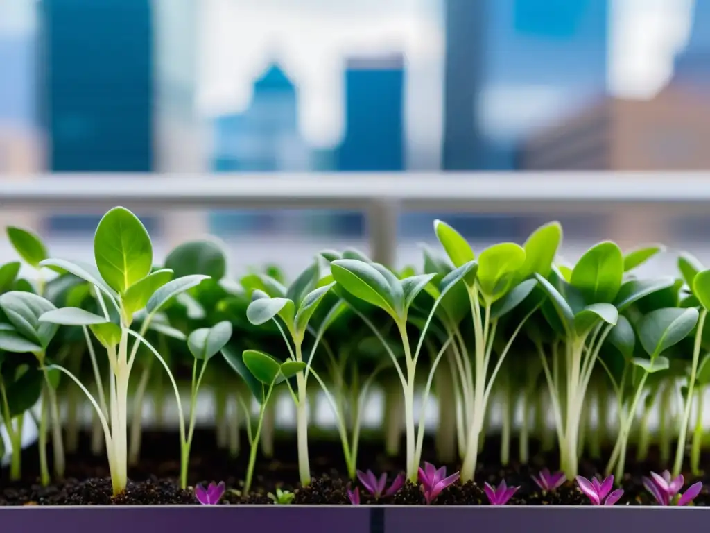 Vibrantes microgreens verdes y morados en huerto vertical urbano