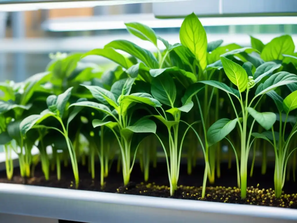 Vibrantes verduras de hoja en acuaponía urbana, destacando el hierro biodisponible en el agua nutriente