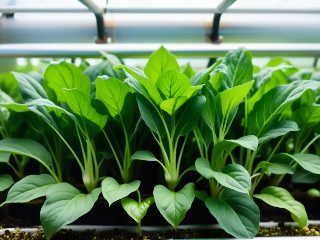 Vibrantes verduras de hojas verdes en sistema acuapónico, con raíces detalladas