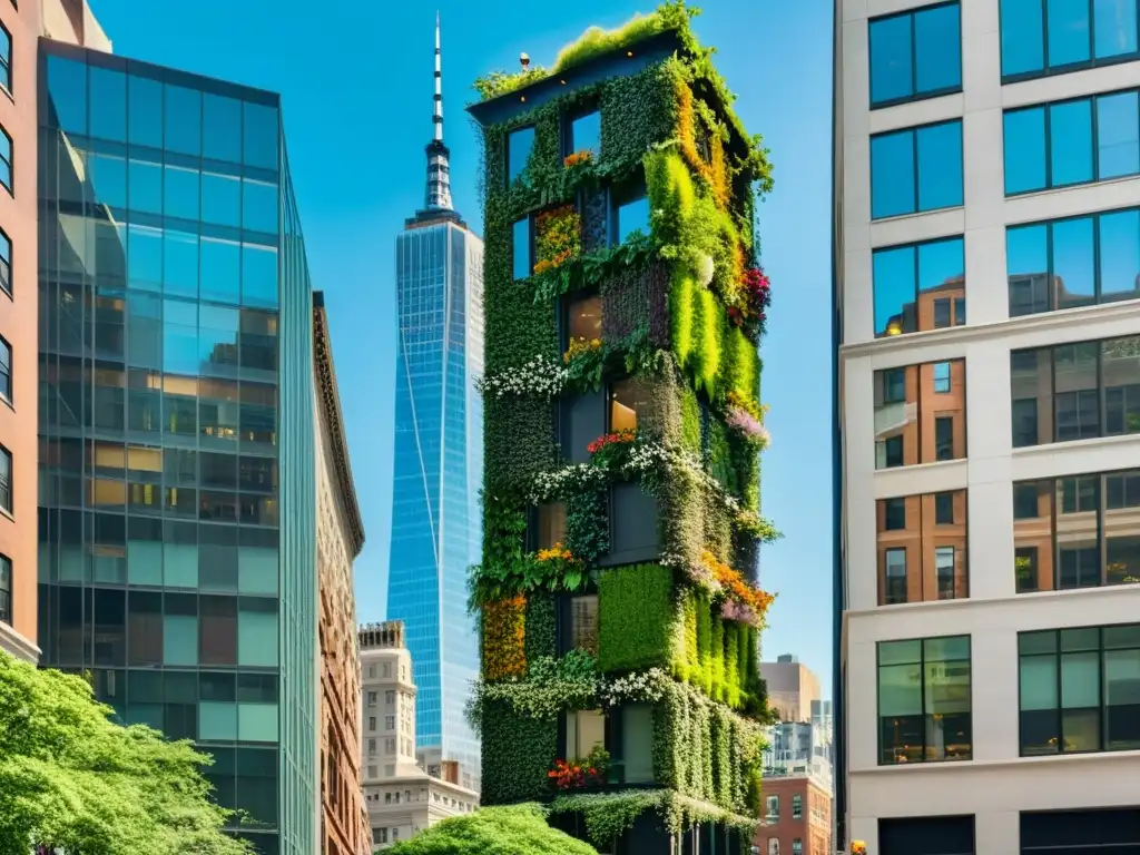 Jardín vertical impresionante en la bulliciosa ciudad de Nueva York Vida urbana con huerto vertical integrado en rascacielos, integración huertos verticales vida cotidiana