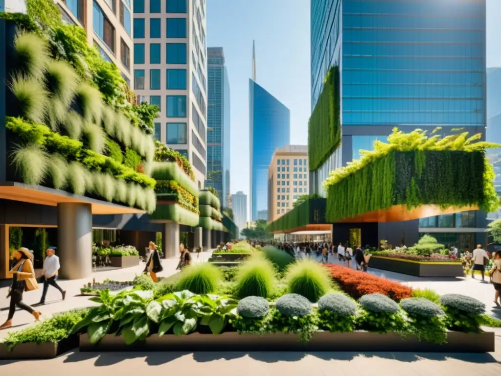 Esquina urbana con jardines verticales y naturaleza integrada Vida urbana sostenible con jardines verticales y espacios verdes, en armonía con la permacultura en ciudades verdes
