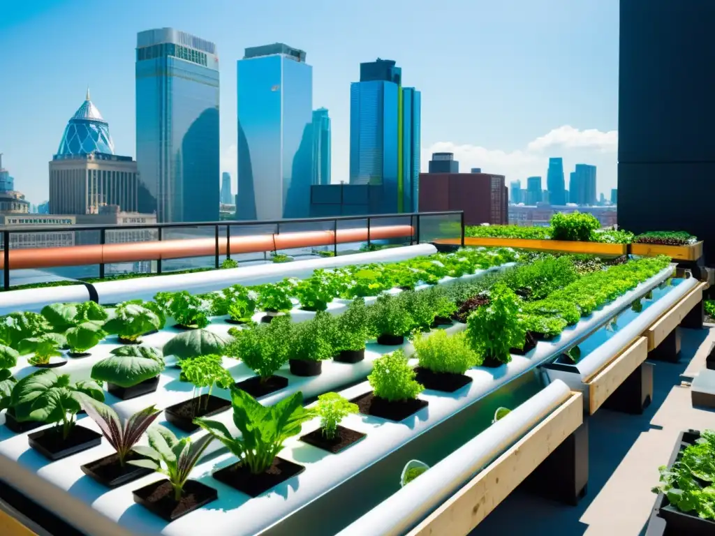 Una visión futurista de la agricultura urbana en una azotea, con un sistema de acuaponía automatizada y exuberante vegetación