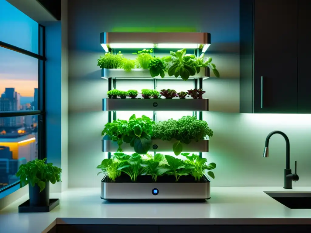 Una visión futurista de la agricultura vertical en apartamentos urbanos, con cultivos vibrantes y tecnología innovadora