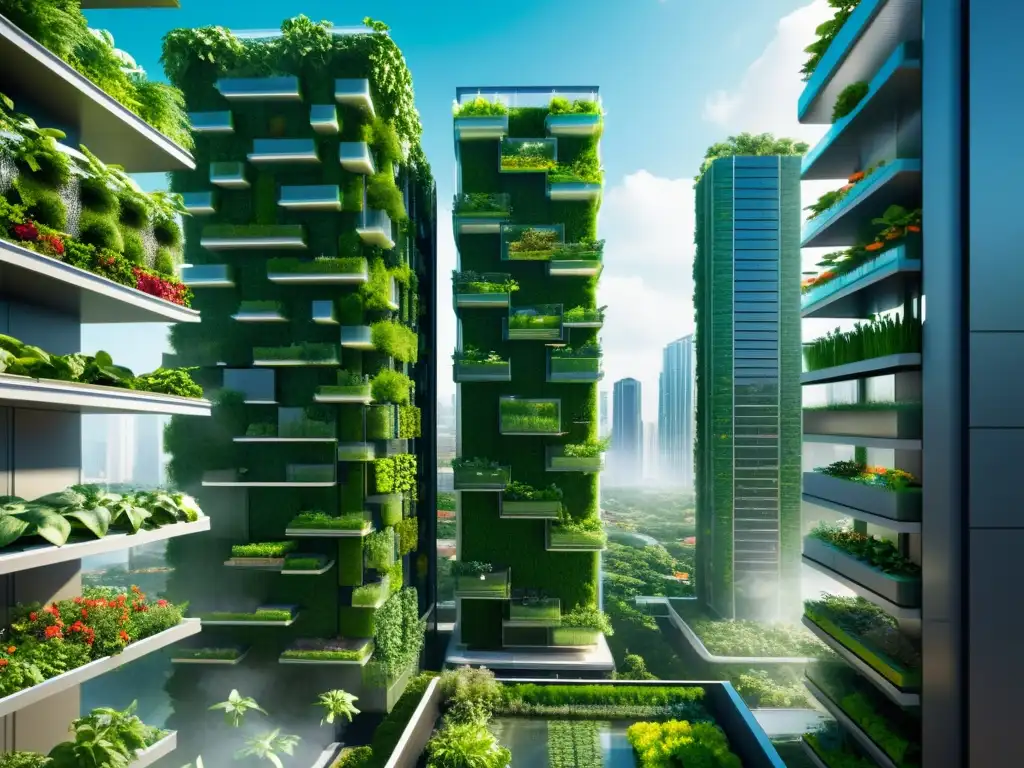 Una visión futurista de tecnologías verdes para acuaponía urbana integradas en modernos rascacielos, fusionando naturaleza y arquitectura