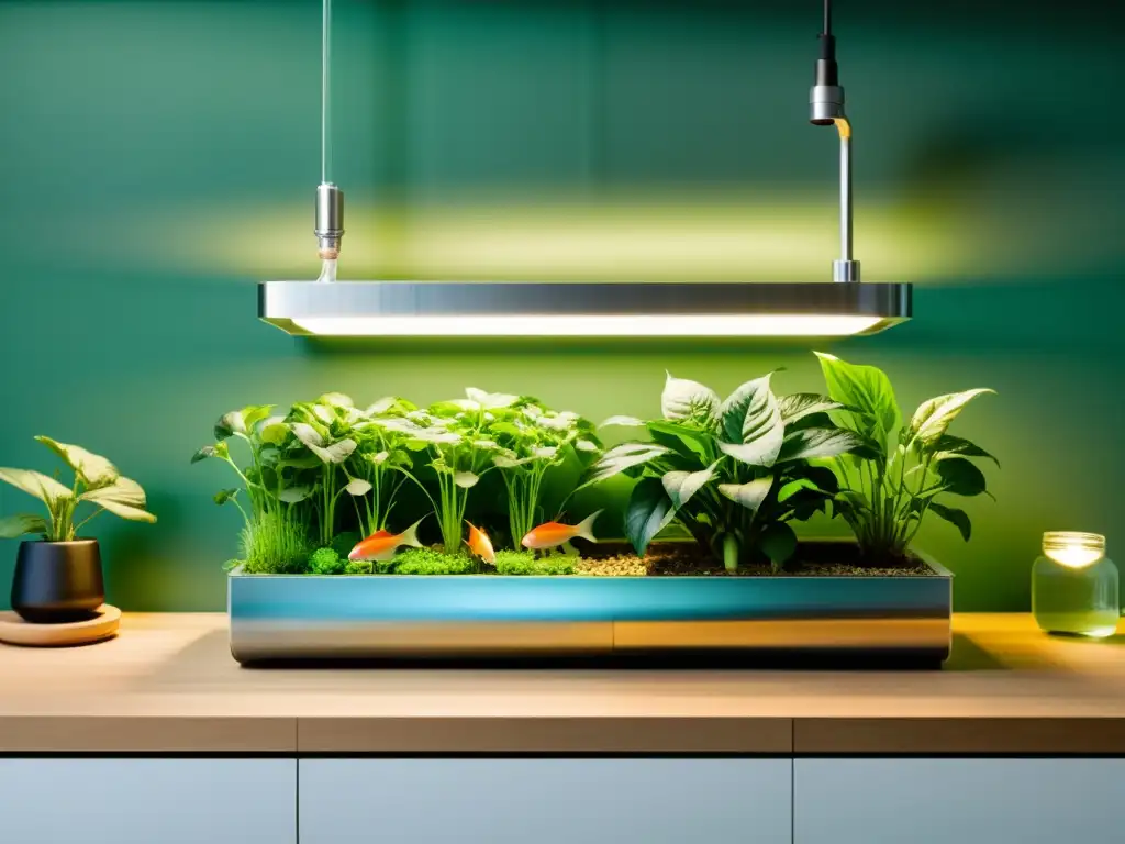 Una visión moderna y práctica de la acuaponía casera, integrada en una cocina contemporánea, resolviendo desafíos de jardinería y piscicultura