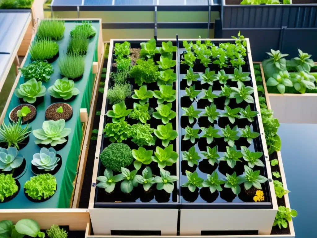 Vista aérea de acuaponía en la agricultura urbana resiliente, con plantas vibrantes y arquitectura moderna