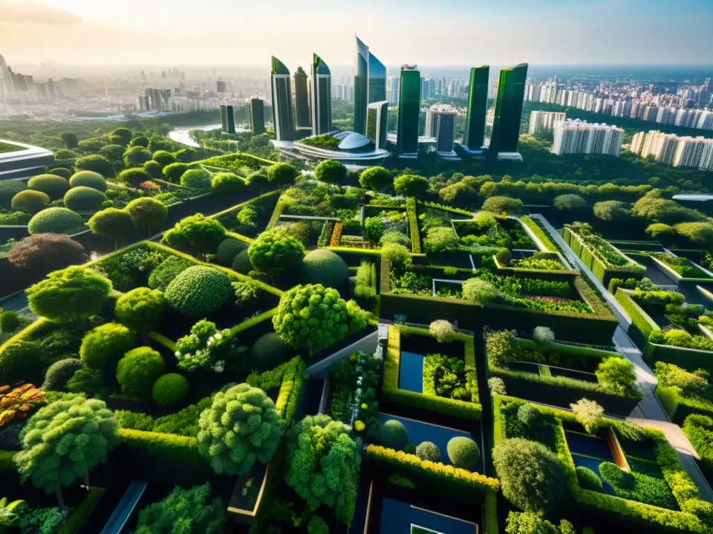 Vista aérea asombrosa de una ciudad moderna con huertos verticales y arquitectura futurista, reflejando la integración de la naturaleza en la urbe