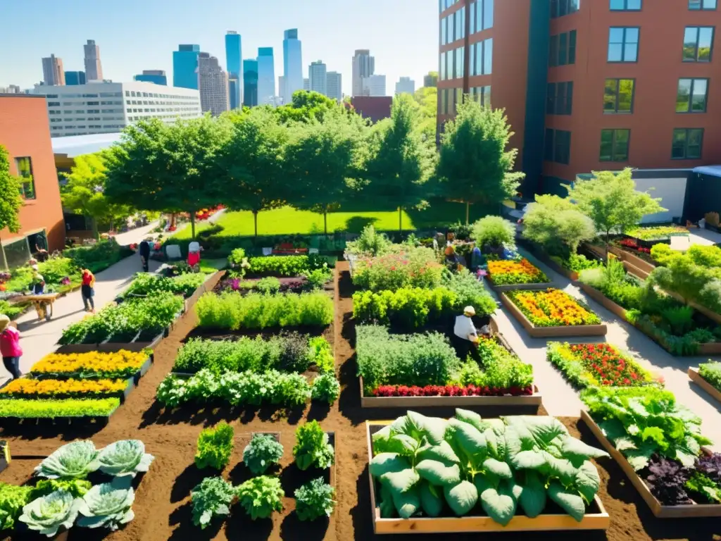 Vista aérea de un bullicioso huerto comunitario urbano, con camas elevadas llenas de frutas, verduras y flores