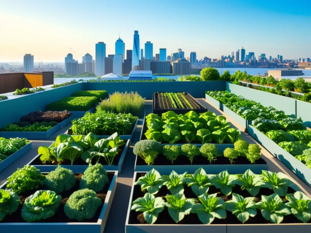 Vista aérea de un bullicioso jardín urbano en la azotea con hortalizas y hierbas verdes