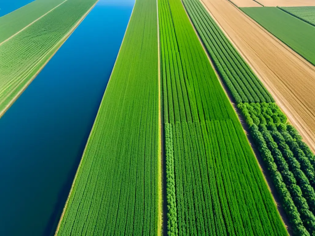 Vista aérea de campos agrícolas verdes con sistemas de sensores para prevención de enfermedades en cultivos