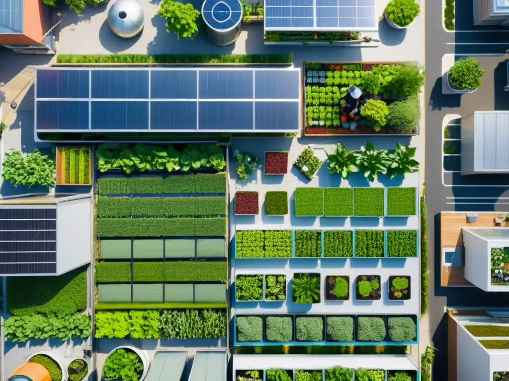 Vista aérea en 8k de una ciudad bulliciosa con acuaponía en agricultura urbana, demostrando la viabilidad de esta práctica innovadora