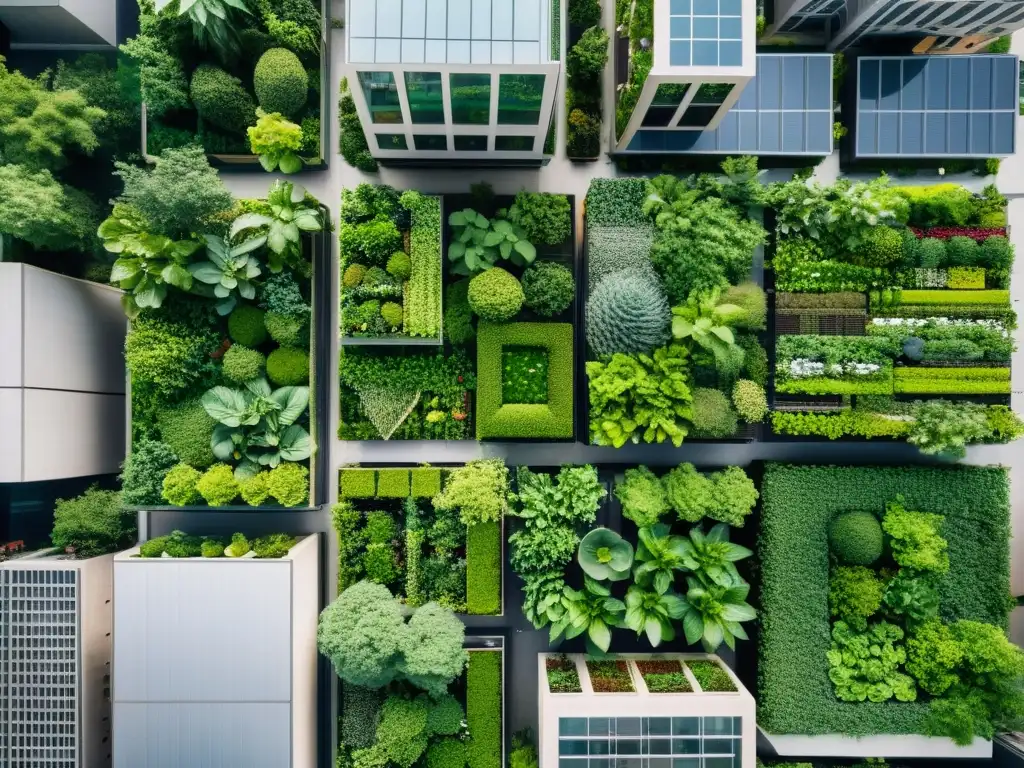 Vista aérea de la ciudad con rascacielos y espacios verdes, un ejemplo de desafíos y soluciones agricultura urbana