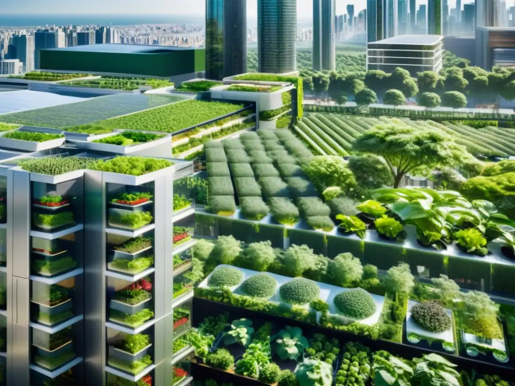 Vista aérea deslumbrante de una ciudad bulliciosa con rascacielos modernos y granjas verticales futuristas, destacando la armoniosa coexistencia de la agricultura vertical urbana