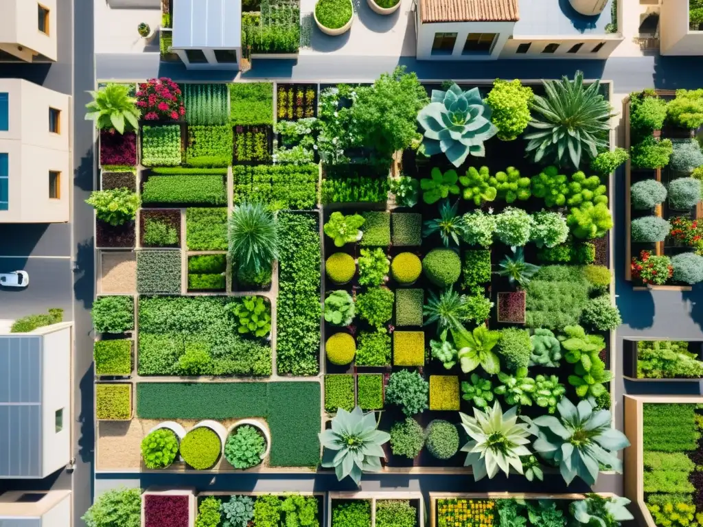 Vista aérea detallada de la agricultura urbana en Oriente Medio, con huertos y jardines en la azotea junto a la arquitectura tradicional y moderna