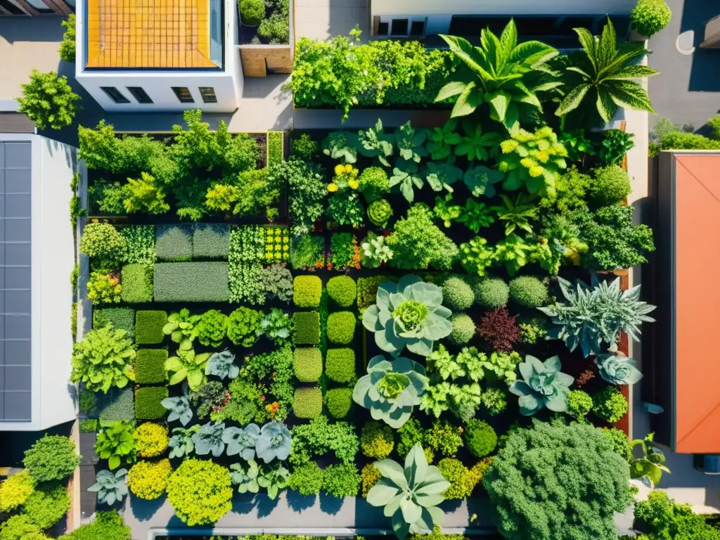 Vista aérea detallada de un exuberante jardín urbano en un techo, resaltando técnicas avanzadas huertos techos urbanos