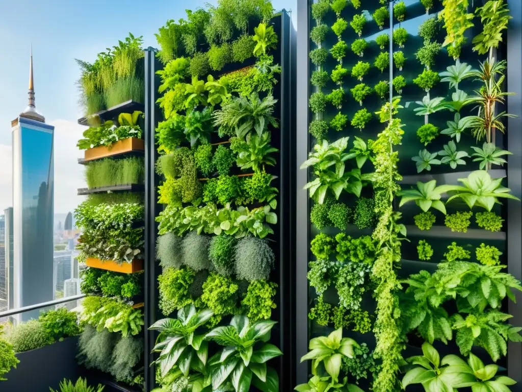 Vista aérea de un exuberante huerto vertical urbano con IoT, integrando tecnología en la agricultura urbana sostenible