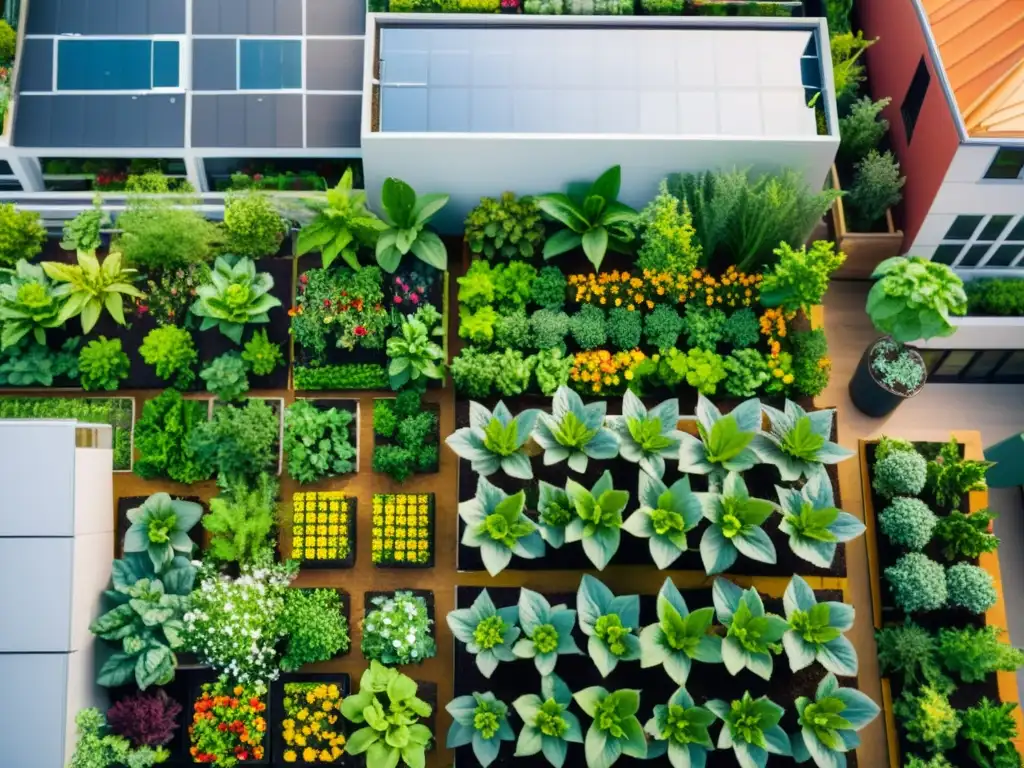 Vista aérea de un exuberante jardín urbano con cultivos coloridos y biodiversidad, mostrando el impacto ambiental positivo de la agricultura urbana