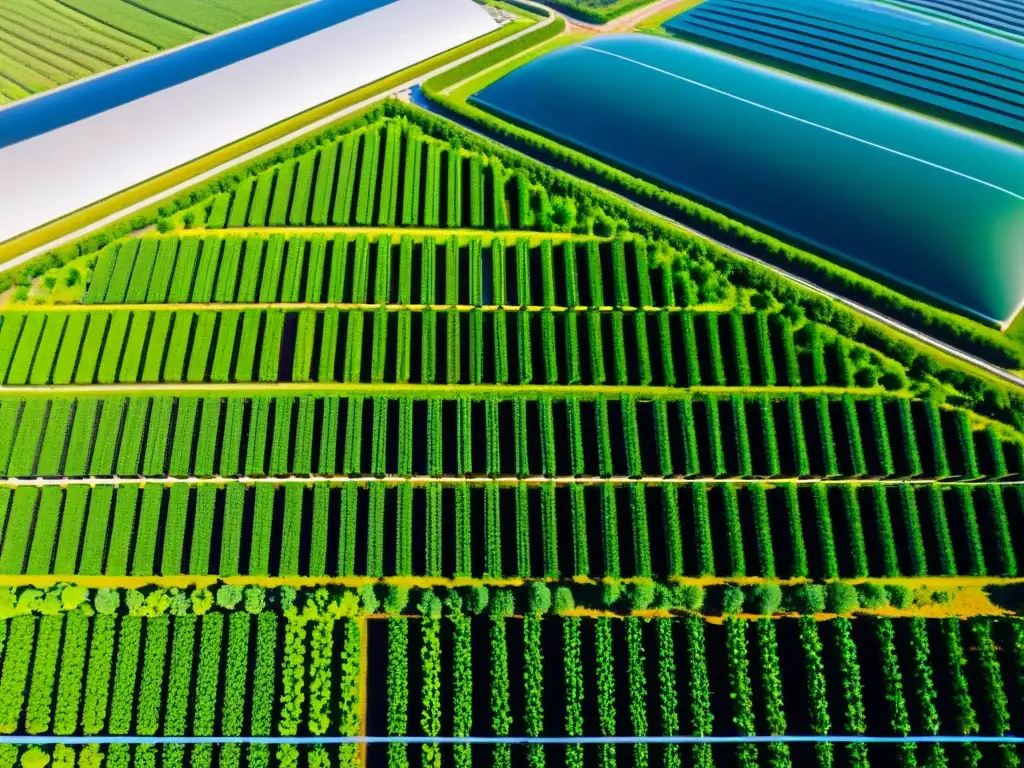 Vista aérea de granja acuapónica con cultivos verdes en balance hídrico