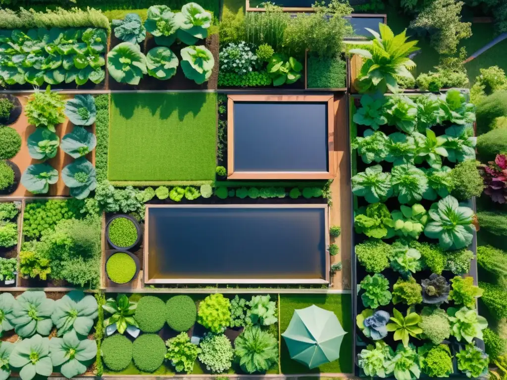 Granja permacultural con acuaponía innovadora Vista aérea de granja permacultural con integración de acuaponía, innovación y sostenibilidad agrícola