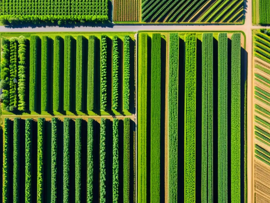 Vista aérea de granja urbana moderna con cultivos vibrantes y avanzados sistemas de sensores