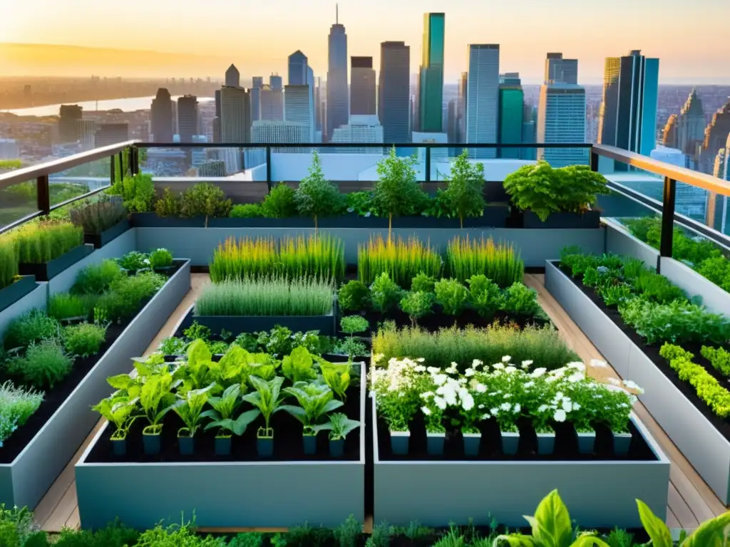 Vista aérea de un hermoso huerto urbano en azotea con plantas verdes vibrantes y la ciudad de fondo, creando una atmósfera cálida y acogedora