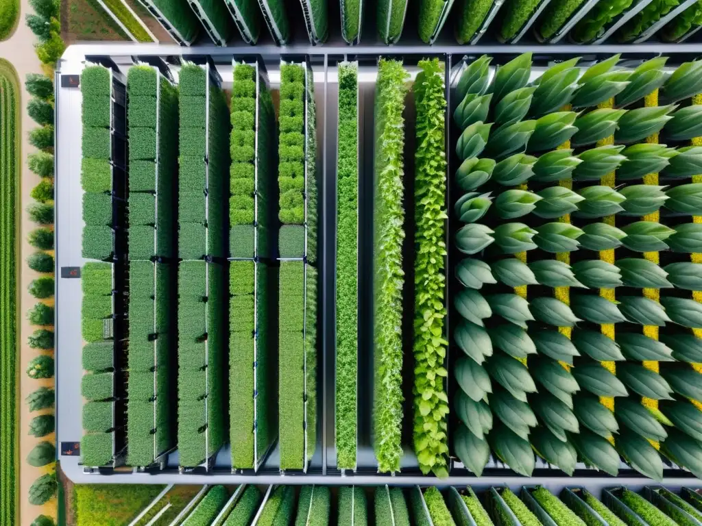 Vista aérea de un huerto vertical con monitoreo de drones, mostrando la organización meticulosa, la vegetación vibrante y el diseño futurista