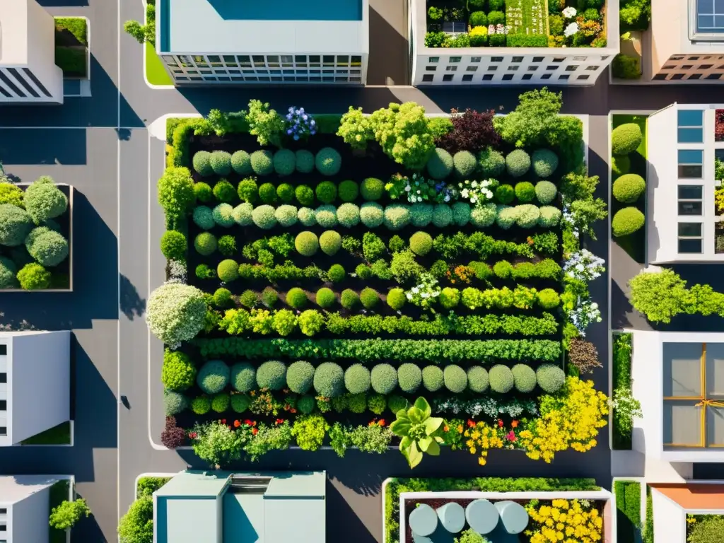 Vista aérea de huertos en azoteas para agricultura urbana, con exuberantes jardines verdes en plena floración y rascacielos al fondo