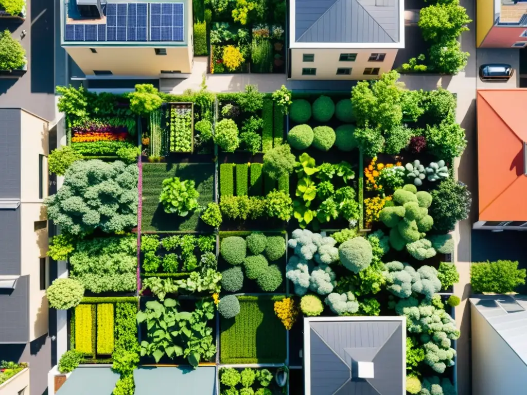 Vista aérea de huertos en azoteas para agricultura urbana, con exuberantes jardines y vegetales coloridos bajo la luz del sol