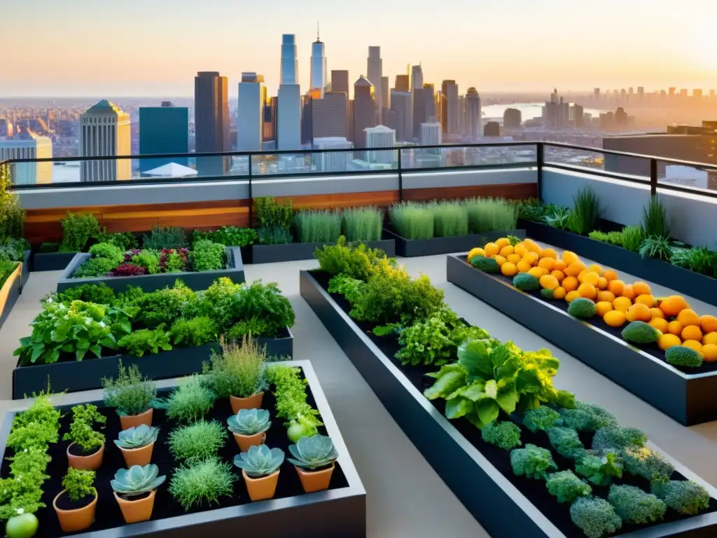 Vista aérea de huertos verticales para agricultura urbana con frutas, verduras y hierbas vibrantes, en contraste con el horizonte urbano al atardecer