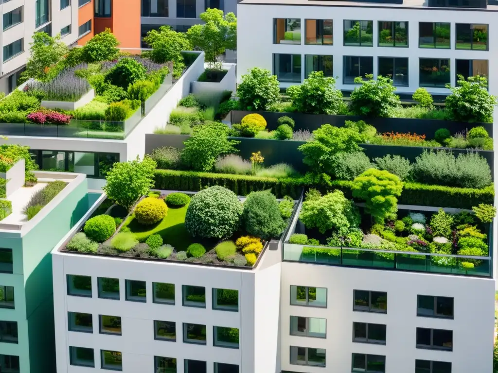 Vista aérea de huertos verticales urbanos, integrando naturaleza en la ciudad