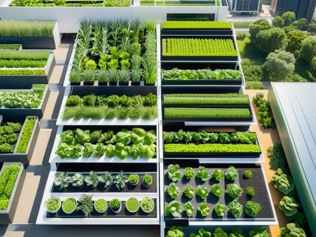 Vista aérea de huertos verticales sostenibles integrados en la ciudad, mostrando modernidad y armonía entre agricultura urbana y desarrollo sostenible