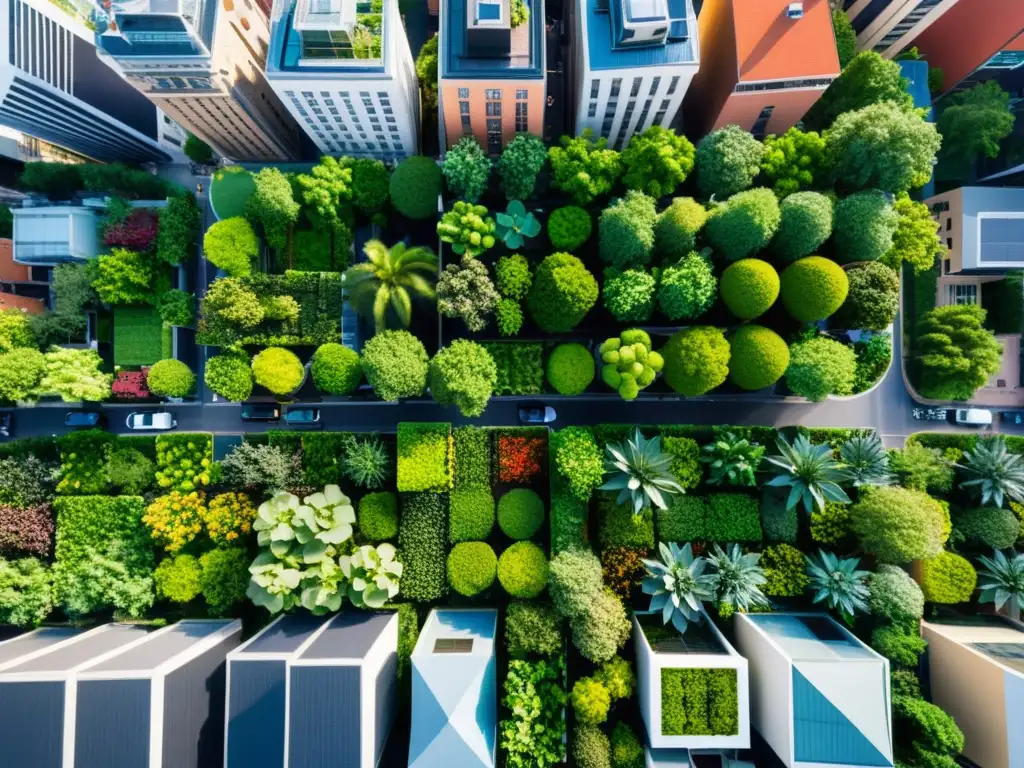 Vista aérea impresionante de la agricultura vertical en la ciudad, con rascacielos y jardines verticales