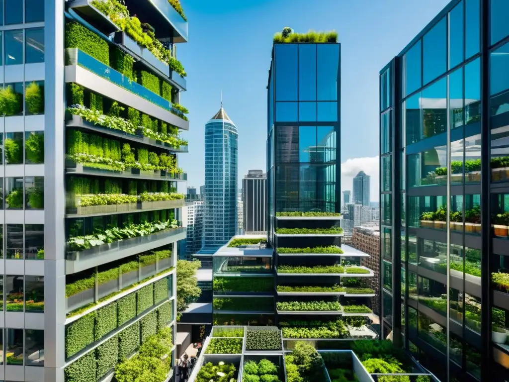 Vista aérea impresionante de la agricultura vertical urbana en una ciudad innovadora