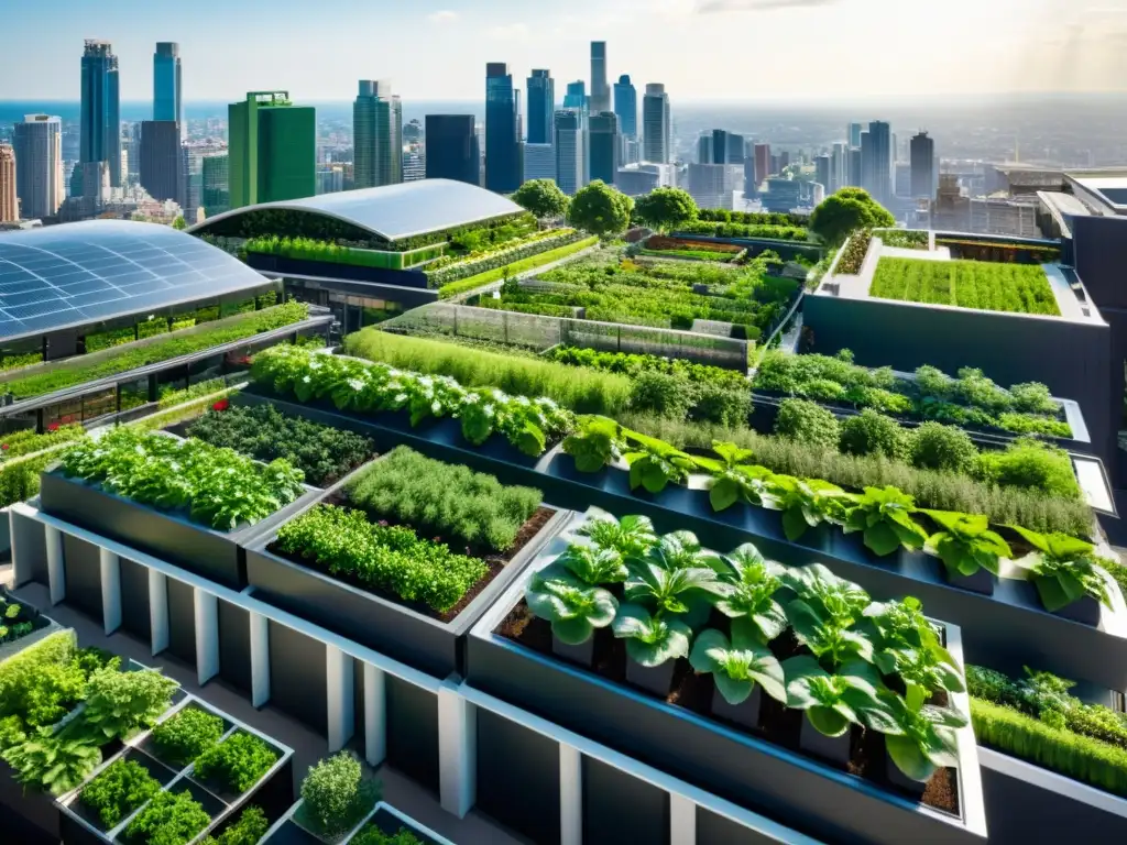 Vista aérea impresionante de cultivos verticales en techos urbanos, con rascacielos modernos rodeados de exuberantes jardines