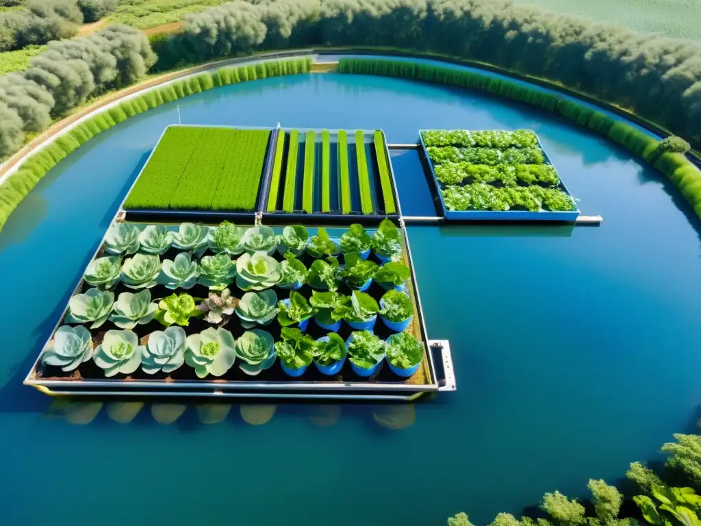 Vista aérea impresionante de granja acuapónica moderna con plantas verdes vibrantes y peces nadando