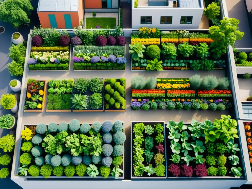 Vista aérea impresionante de huertos urbanos en plena transformación, con un deslumbrante contraste entre la vegetación exuberante y el paisaje urbano