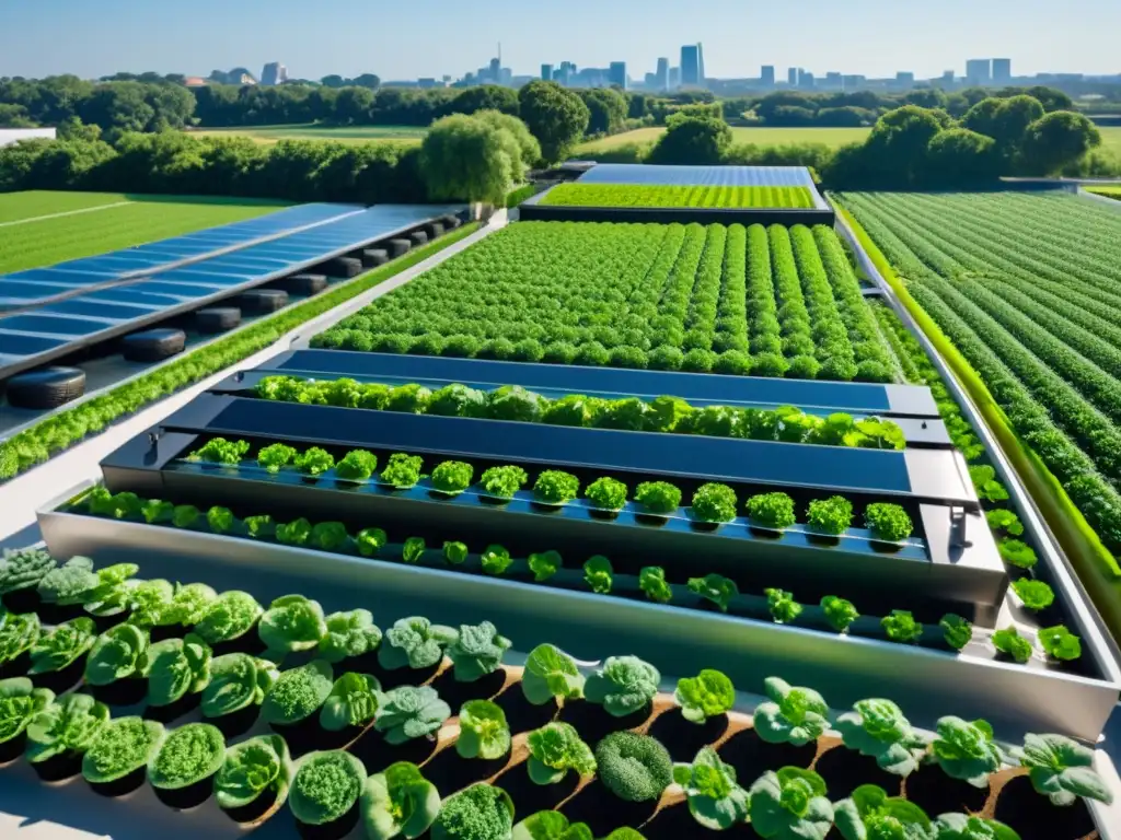 Vista aérea impresionante de AeroFarms, pioneros en aeroponía urbana, con torres de cultivo vertical futuristas rodeadas de exuberante vegetación