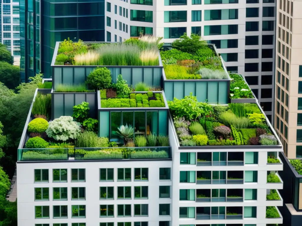 Vista aérea impresionante de techos verdes urbanos eficiencia energética con jardines en la azotea de edificios modernos